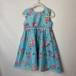 Blueberi Boulevard Blue Floral Dress with Lining and Tool Overlay Girl Size 3T